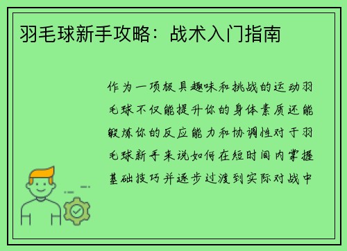 羽毛球新手攻略：战术入门指南