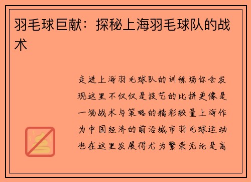 羽毛球巨献：探秘上海羽毛球队的战术